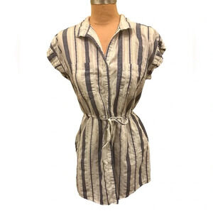 Japna Linen Blend Blue White Striped Belted Shirtdress Women’s Size Medium